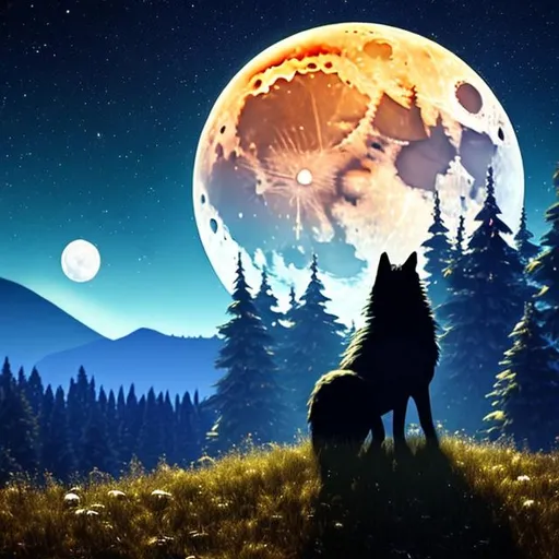 Prompt: crate an image of the moon with a dark blue night sky with stars in,  
with a pine tree forest and a wolf looking at the moon, and a small town on the bottom of the mountain 