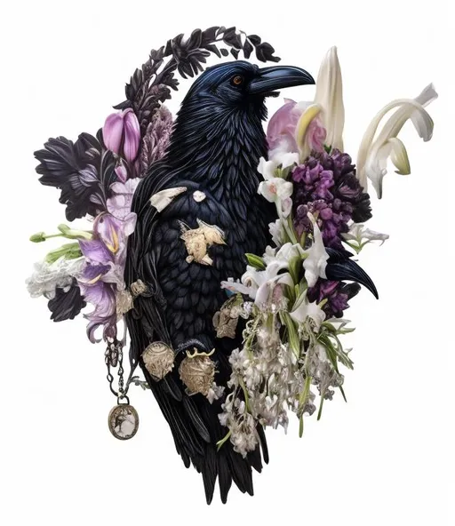 Prompt: A painting of one single large raven enlcosed in a  cameo, baby cosmo flowers, gladiolus flowers, lily of the valley flowers, gothic style, highly detailed