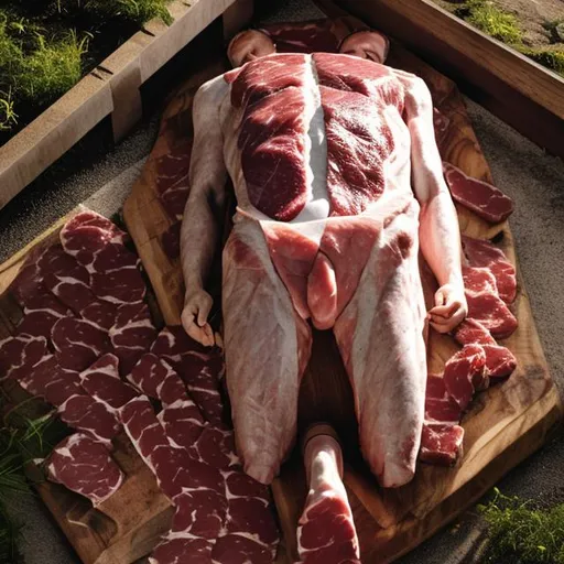 Prompt: man made of meat laying down photo