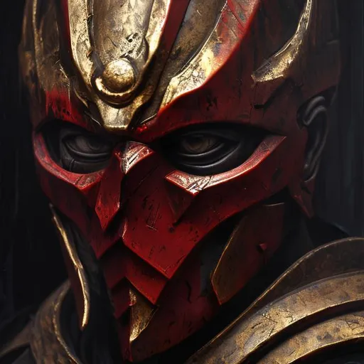 Prompt: war as a male god with a red mask covering his face
realistic dark oil painting, 8k, many details