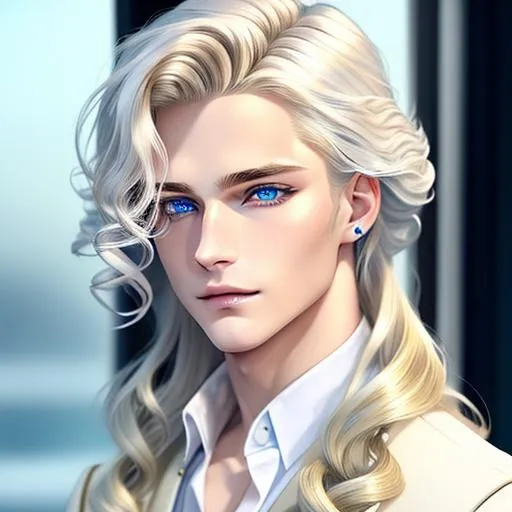 Prompt:  Piercing, Ice-blue eyes, a sharp jawline. His hair was blond, long and wavy in the back with shorter, more uniformed curls in the front. He had a youthful face with slightly feminine features. He looked a lot like something from a storybook, like or a renaissance painting. ittle, sharp, white fangs poked out between his shiny lips as he smiled.