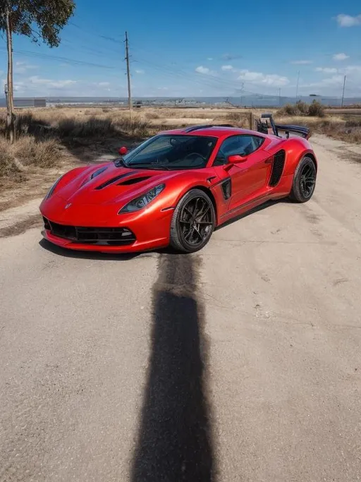 Prompt: Beautiful sports car, hyper realistic, very detailed, industrial background, post apocalyptic scene, fire, lightning, dark and gloomy, remove imagery around car and replace, road full of cracks