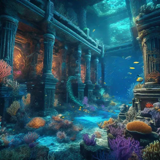 Prompt: "Insanely detailed illustration of ancient majestic underwater city ruins surrounded by colorful bioluminescent marine creatures and corals, photorealistic, masterpiece, 8k resolution, Unreal Engine 5, volumetric lighting, gorgeous, hyperdetailed, intricately detailed, hyperrealism, fantasy concept art, 64 megapixels, sharp focus, ultra high quality, sharp details,"