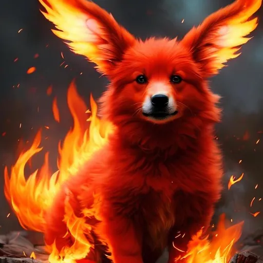 Prompt: Cute, red, fluffy, fire puppy, possessing the element of fire and making circles of fire
 move around in the air in a magical way. Perfect features, extremely detailed, realistic. Krenz Cushart + loish +gaston bussiere +craig mullins, j. c. leyendecker +Artgerm.