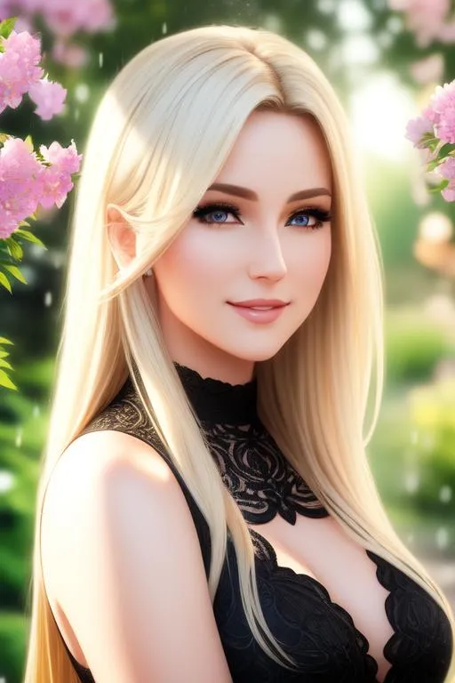 Prompt: realistic cinematic full body view of gorgeous blonde lady(beautiful eyes, detailed face, smiling) wearing black dress, in a garden filled with flowers, wet, soft sun light on face, detailed image, 8k