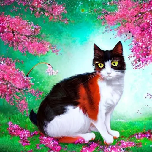 Prompt: Calico cat sitting under a cherry blossom tree