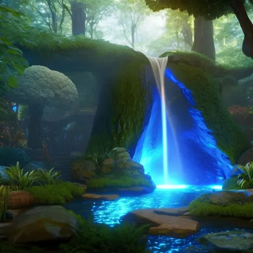 Prompt: Envision a glowing waterfall in a lush forest. Fantasy, another dimension. Hyperrealistic, UHD, HD, 8K, a portal rests besides the river