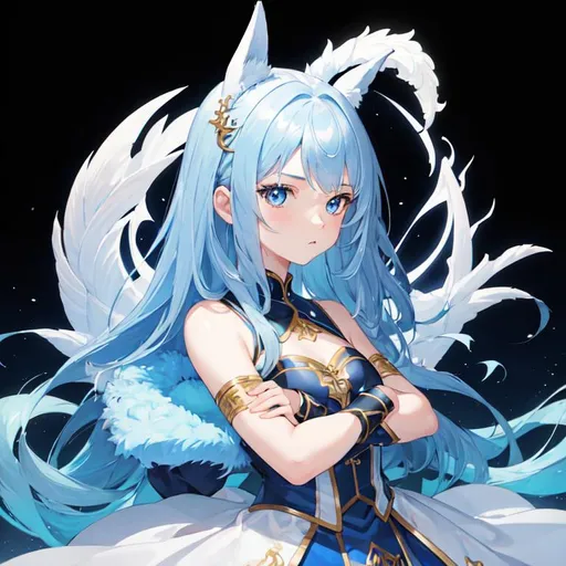 Prompt: female, blue hair, young kid, 10 years old, blue eyes, best quality, highly detailed, masterpiece, arms_crossed, white horse ears