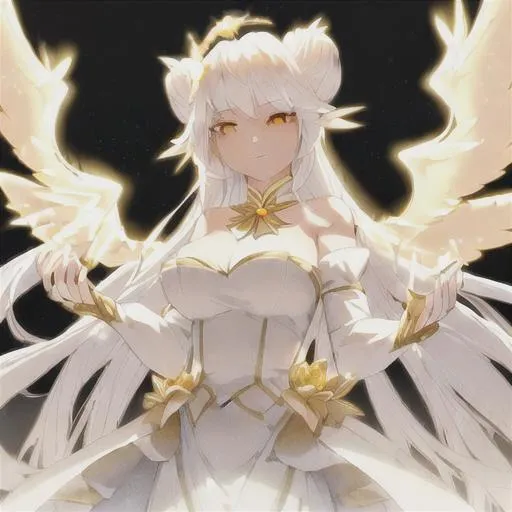 Prompt: a beautiful cute girl with white hair, and lights on her body which is gold. with white angel like wings, and golden white clothing which is fancy. in a flower garden. a golden aura around her, and fluffy hair. with a fancy and glorious weapon in her hand. with her are in a cobra bun, with fancy accessories and vampire like teeth.
