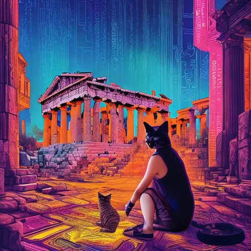 Prompt: A cat sitting near Acropolis, psychedelic colours and a cyberpunk lady petting the cat