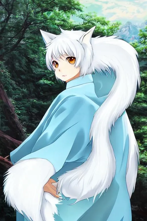 1031082 illustration, simple background, long hair, anime, anime girls, fox  girl, smiling, cartoon, black hair, kitsunemimi, fox tail, figurine - Rare  Gallery HD Wallpapers