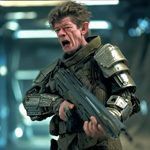 Prompt: A 28 year old John Hurt shouting angrily wearing an armored futuristic scifi military uniform and holding an advanced exotic shotgun in full color