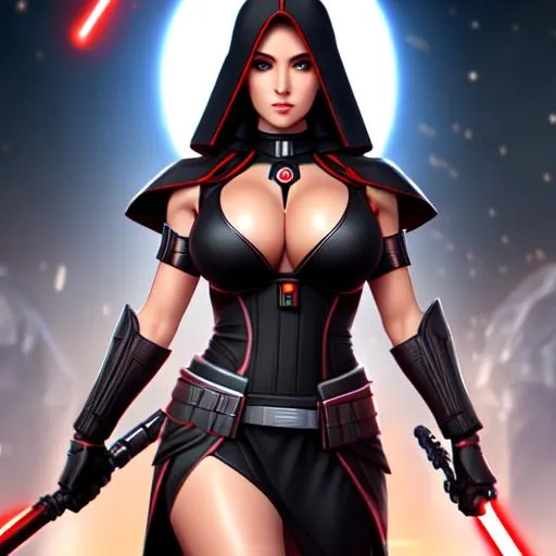 Prompt: darth revan, female ,cinematic  full body shot, symmetrical perfect face, (huge breast), perfect body, perfect skin, perfect Bright eyes, highly detailed, energetic