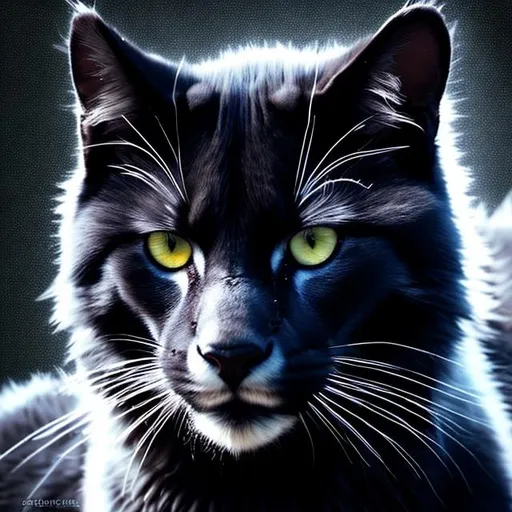 Prompt: epic, black, pitch black fur, stoic cat, cat facing a wall of evil shadows, black flames move around in the air in a magical way. Perfect features, extremely detailed, realistic, complimentary colors, realistic cat, surrounded in a white aura