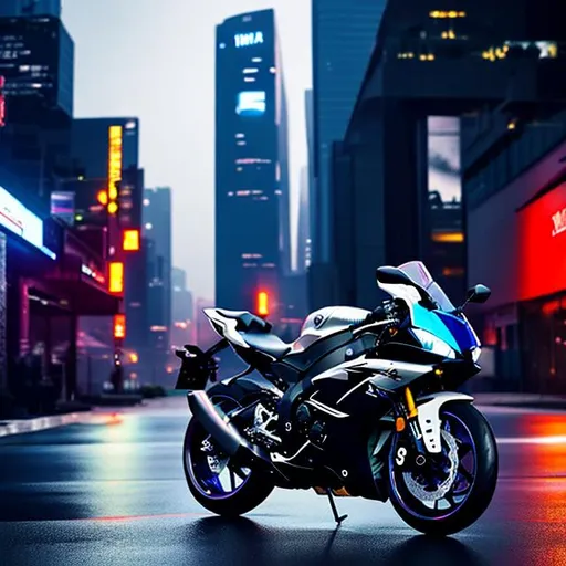 Prompt: yamaha r6, futuristic, city scape, sad, lonely, rider, rain