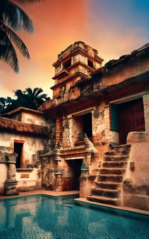 Prompt: A blend of Mayan architecture with Spanish colonial architecture, Spanish tiled roof, photograph, broad light, cinematic lighting, rich lighting, low color saturation, highly detailed, Kodachrome