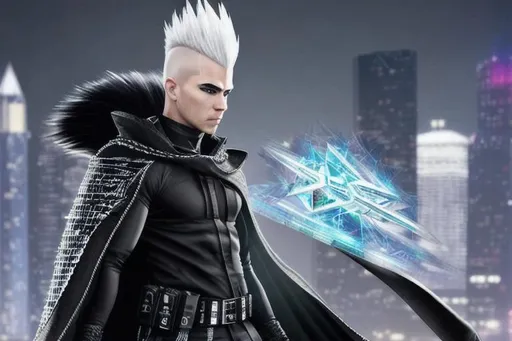 Prompt: JAXER KAZE : Hyper Detailed,  ultra realistic, white hair mohawk male in black tactical tech uniform poncho coat,  IN UNDERGROUND DAZZLING CRYSTAL CITY , superhero cape fight