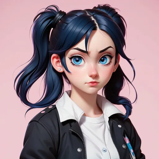 Prompt: Anime style. Teenage girl. Dark blue hair in two ponytails. Blue eyes. She wears a white shirt and a black jacket. Soft pink background.