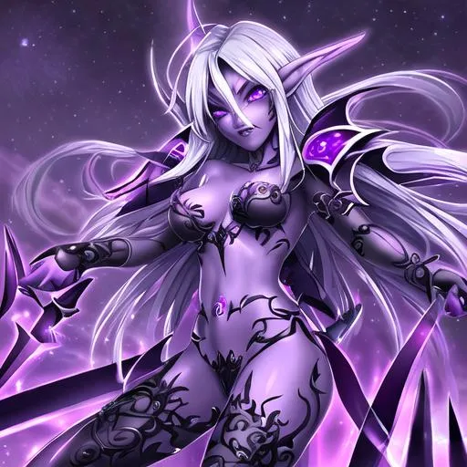 Prompt: a night elf with purple skin holding daggers