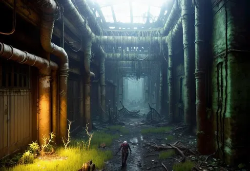 Prompt: humanoid ghoul creature, eerie mutant, decaying, rotten skin, ragged clothes, dirt, multilayered,, old apocalyptic city wasteland overgrown by oppressive huge forest, vines, plants and roots growing, cracking through walls, 3d render,  high detail,