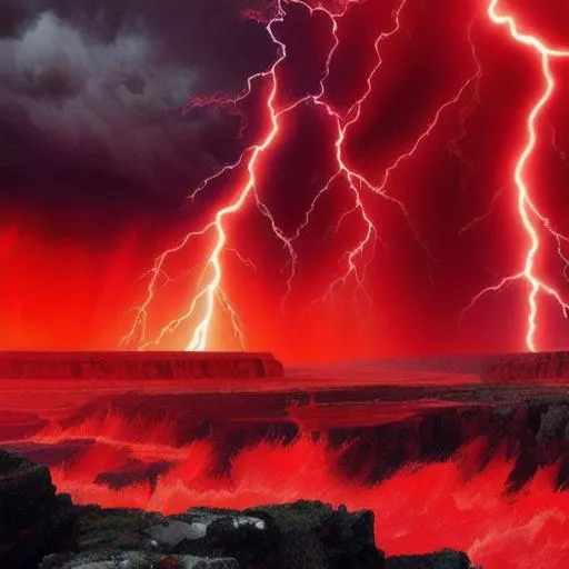 Prompt: Red thunderous ancient land with raging zeus storm