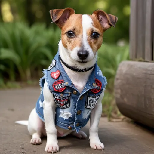 Prompt: Jack Russell Terrier wearing a heavy metal music denim vest with patches