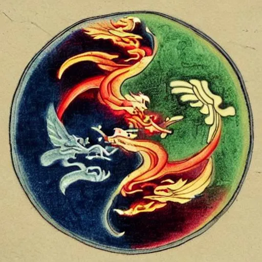 Prompt: a fire phoenix and an ice dragon in the dark sky in the shape of yin and yang in chinese art style