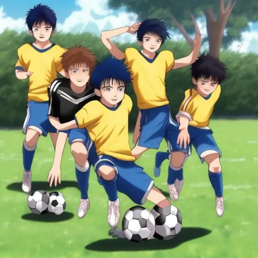 Prompt: Team of boys playing football anime