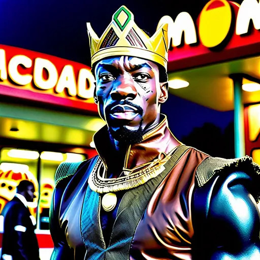 Prompt: Black Panther meets Eddie Murphy dressed as an African prince in front of a McDonalds restaurant, 80mm lens, over the shoulder point of view, photograph, film, video camera, realistic, highly detailed