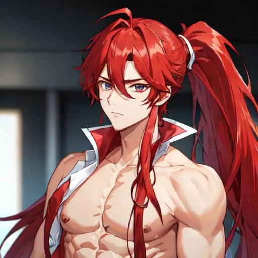 Prompt: Zerif 1male (Red side-swept hair covering his right eye, hair in a ponytail) shirtless