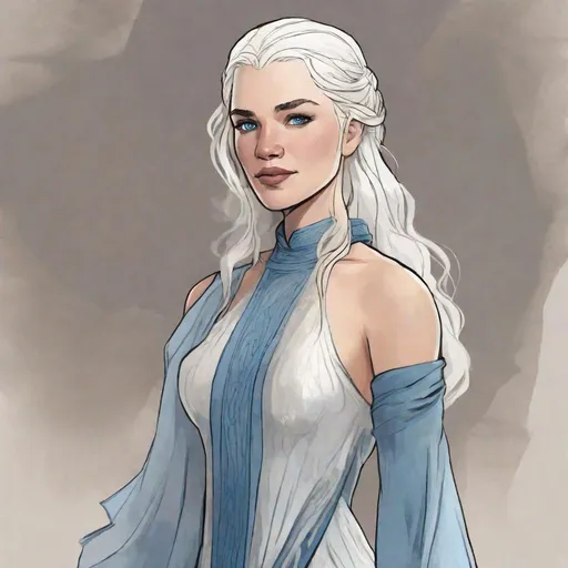 Prompt: Game of Thrones Female with shoulder-length white hair, No necklace, Lucious thicker lips, Intimidating blue eyes with tongue out smirking, Member of House Arryn, wearing a translucent dress, dirty body