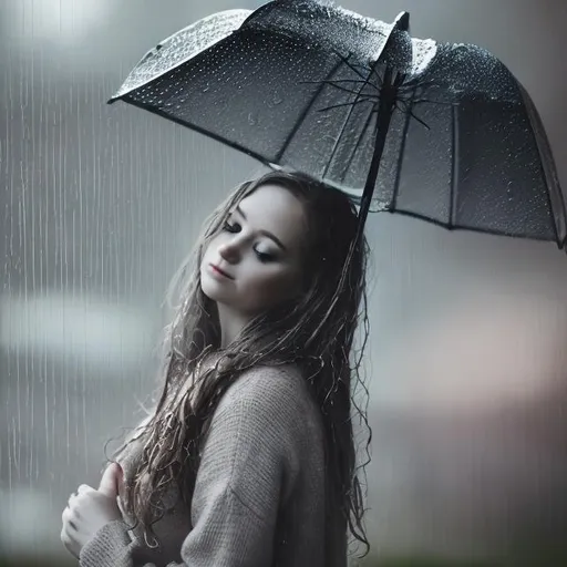Prompt: rainy day girl creative photos

