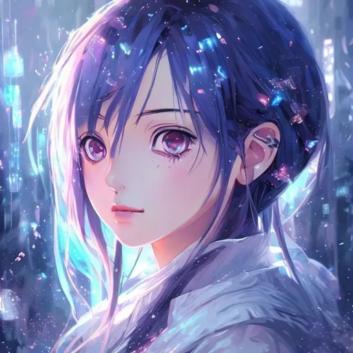 Prompt: anime portrait of a GIRL, anime eyes, beautiful intricate BLUE hair, shimmer in the air, symmetrical, in re:Zero style, concept art, digital painting, looking into camera, square image