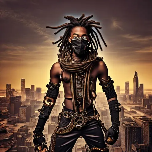 Prompt: Steampunk style young black african handsome maie 20 years old, tied-up dreadlocks, wearing mask, swinging nunchakus over his head, crouching on buiilding of DETROIT, skyline in background
