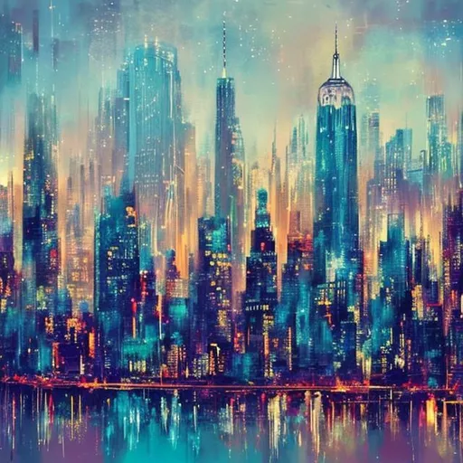Prompt: Dreamy Cityscape Illumination: Create an abstract expressionism piece that invites viewers to experience a dreamy illumination of the NYC skyline, using a realistic color palette. Utilize soft and atmospheric colors to create a serene and ethereal atmosphere. Experiment with delicate brushwork and subtle transitions to capture the soft glow of lights and the architectural details, allowing the composition to evoke a sense of tranquility and artistic expression. 