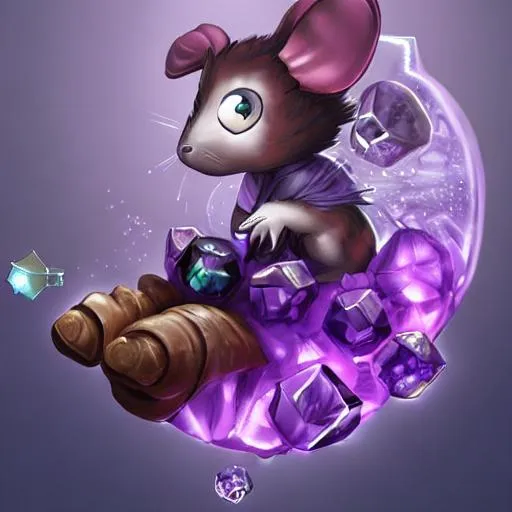 Prompt: mouse reaches for floating purple crystal, RPG , Digital Painting, trending on Artstation, ultra detailed, award winning