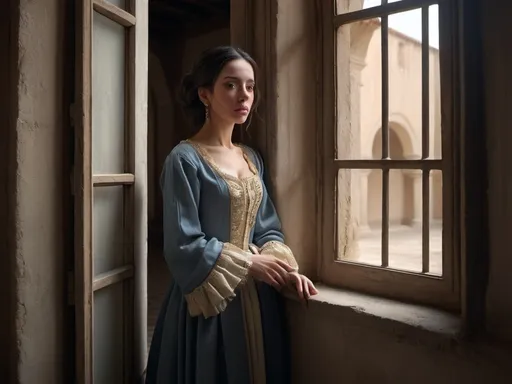 Prompt: Ana de Mendoza, imprisoned in her opulent but confining palace in Pastrana, wearing simple yet dignified clothing, reflecting on her fate through a barred window, with the austere and restrained interior of her confinement as the backdrop, capturing a sense of isolation and restrained grandeur, hyper-realistic, photo realism, cinematography --ar 9:16"