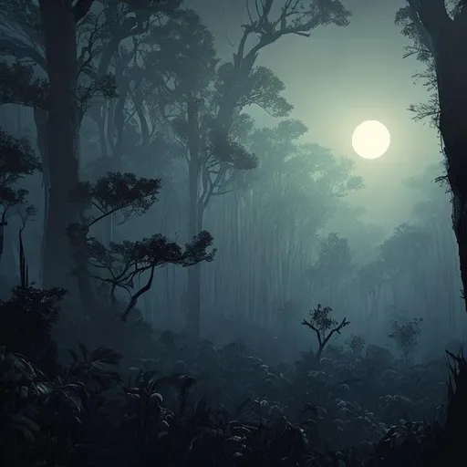 Prompt: Dense forest with patches of moonlight surrounded by darkness