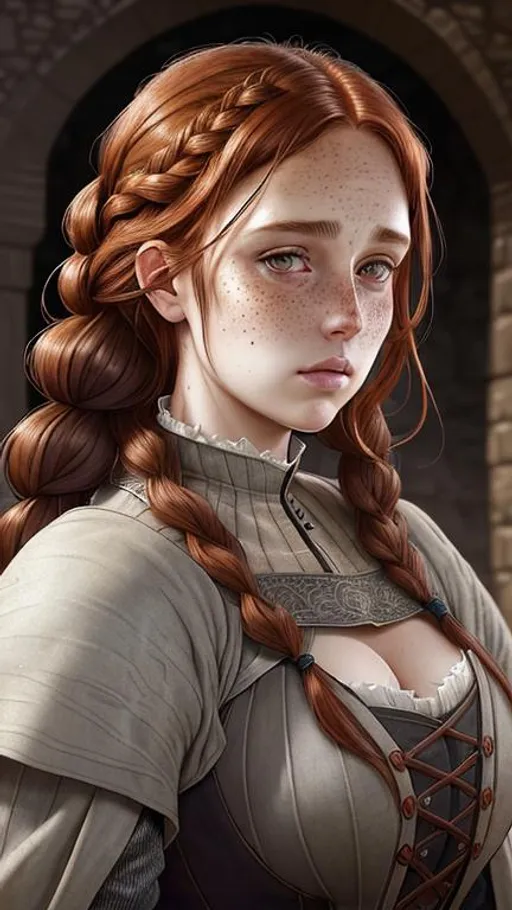 Prompt:  curvy woman, messy braided auburn hair and gray eyes, freckled face, medieval dress, symmetrical face, soft ambient lighting, highly detailed, advanced digital anime art, MEDIEVAL backdrop!! Highly Detailed, Beautiful Composition, Deep Color, Intricate, Sharp