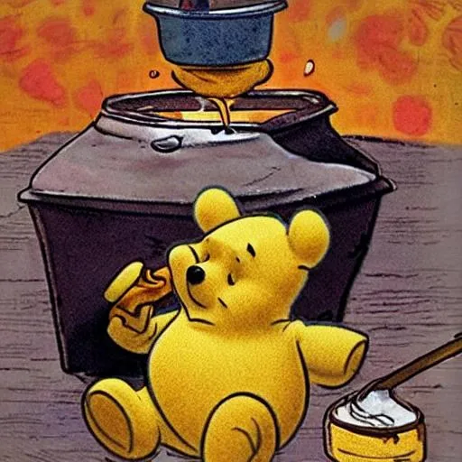 Prompt: Winnie-the-Pooh high smoking on a Bong. With a bowl of honey dripping everywhere 