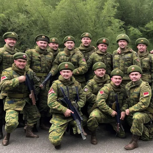 Prompt: High quality picture of russian soldiers celebrating a conquer, 4k, iphone camera picture, high quality, face quality HD, good facial features, happy and tired, war, pray, 2023