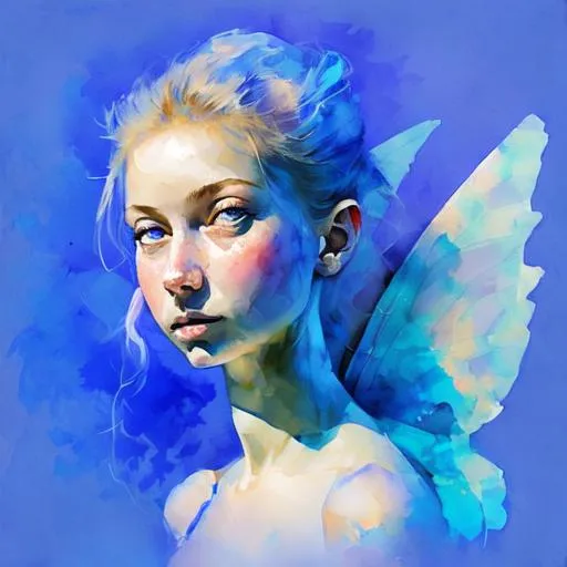 Prompt: fairy goddess, blue colors, sky background, closeup