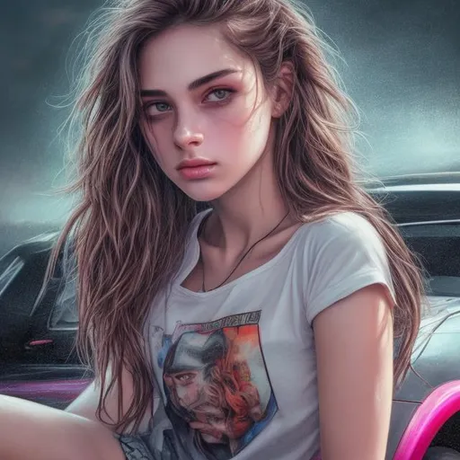 Prompt: 4k resolution, HDR pictures, masterpiece, high resolution, highly detailed pictures, high quality pictures, perfectly drawn objects, perfectly drawn face, a masterpiece of mastering of art perfect drawing, and a girl, t shirt, skirt, sit on the car, parking lot, sunset, wet skin, neon lights