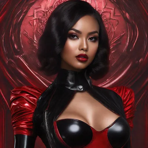 Prompt: pretty young Indonesian woman, 25 year old, (round face, high cheekbones, almond-shaped brown eyes, epicanthic fold, small delicate nose), red latex outfit, posing for a picture, active pose, character portrait by Luma Rouge, featured on cg society, gothic art, gothic, goth, shiny