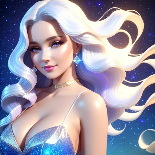 Prompt: Beautiful and sweet girl of warm glaze, silk, deep soul, van gogh, wearing vaporous diamantine mini dress, discrete make up, glowing up, slight sparkles, white wavy hair, aquous, translucid, unreal engine 8k octane, 3d lightning, stellar, quartz, gem rain, soft white skin, nice smile, luminous chest, fantasy