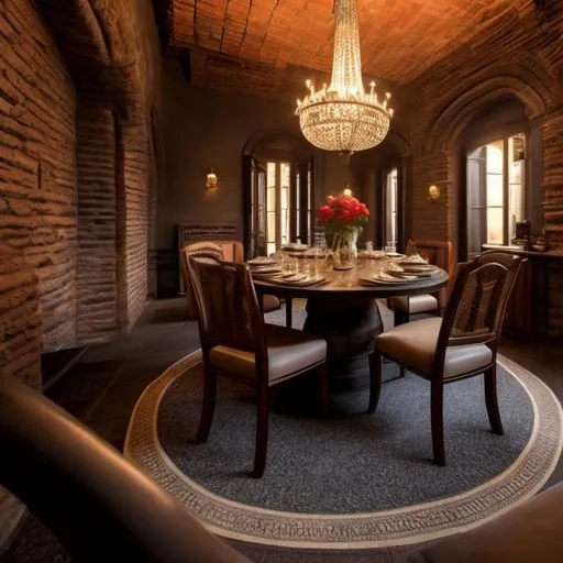 Prompt: A dark medieval fantasy room covered in dark bricks and columns. In the middle of the room there is one round big table made of stone with four elegant armchairs around it.