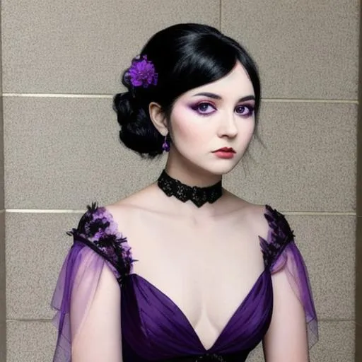 Prompt: A beautiful Victoria woman with black hair and violet eyes, wearing a purple gown