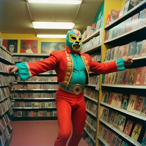 Prompt: Analog film photography still, portrait of a 19th c painted luchador dancing flamenco, in a VHS store, grainy fujifilm film, anaglyph effect