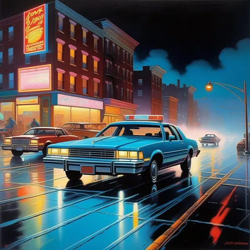 Prompt: 1980s, Bronx at night, neon, car chase, rain, fog, cold blue atmosphere, cartoony style, extremely detailed painting by Greg Rutkowski and by Henry Justice Ford and by Steve Henderson