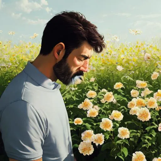 Prompt: Man smelling flowers